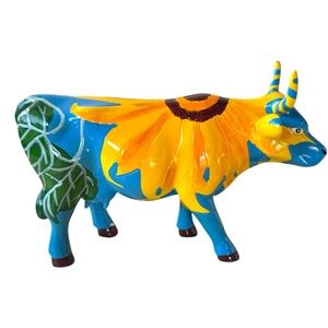Cow Parade Figurine Yellow & Blue Floral Design Multicolor Display Piece. NIB